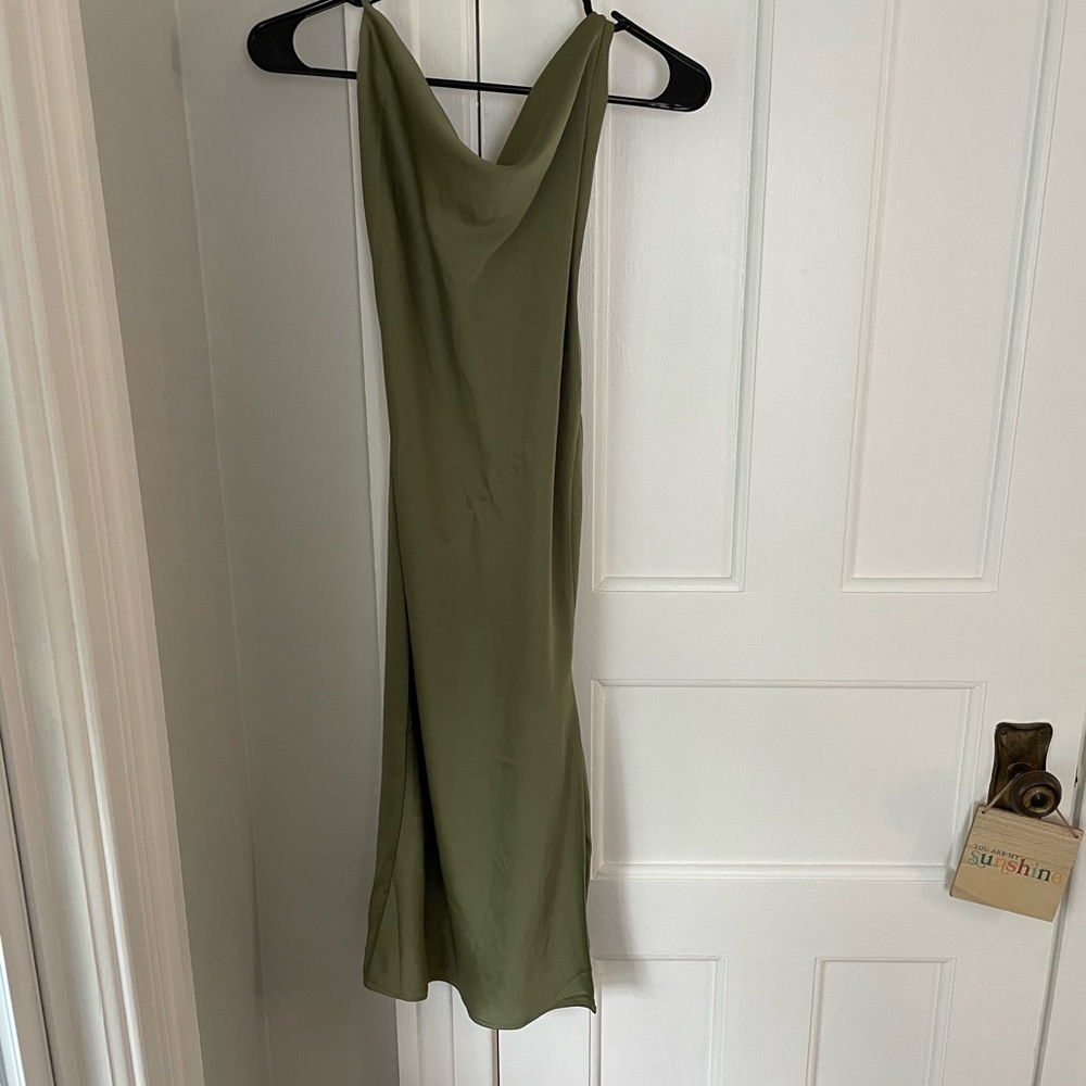 Green silk scoop neck dress.
